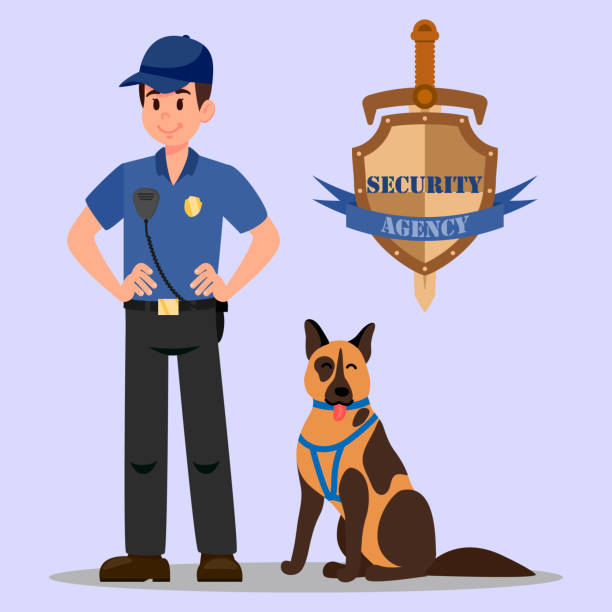 illustrations, cliparts, dessins animés et icônes de illustration de vecteur plat de chien de gardien et de service - police france