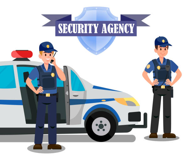 ilustraciones, imágenes clip art, dibujos animados e iconos de stock de plantilla del banner de tarea de oficiales de seguridad - equipped