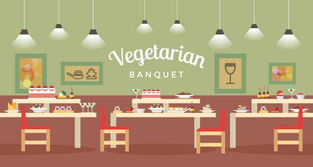 Vegetarian Banquet Hall Flat Vector Illustration Vegetarian Banquet Hall Flat Banner Illustration. Served Tables with Dishes and Appetizers. Catering Servive for Holiday Celebration. Vegan Cafe, Bistro, Canteen, Restaurant, Eatery Interior banquet chairs stock illustrations