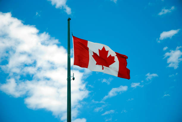 istock Canadian flag waving on the wind 1136482611