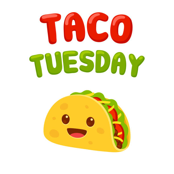 Taco Tuesday cartoon drawing Funny cartoon taco character with text Taco Tuesday. Traditional Mexican food vector illustration. tacos stock illustrations