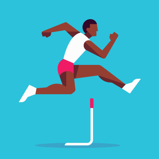 Hurdle race athlete jumping Black athlete jumping in hurdle race, simple stylized geometric vector illustration. Modern flat style athlete runner. track and field stock illustrations