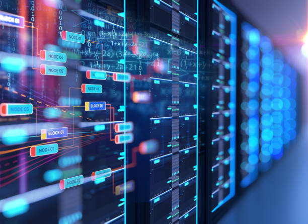 korytarz serwerowni ilustracji 3d z elementem projektowania danych podstawowych programowania węzła. - router wireless technology computer part node zdjęcia i obrazy z banku zdjęć