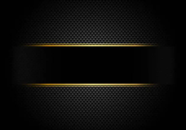 Vector illustration of Carbon fiber background and texture and lighting with black label and gold line. Luxury style. Material wallpaper for car tuning or service.