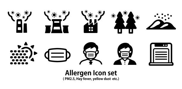 zestaw ikon alergenów (pm2.5, katar sienny, żółty pył itp.) - factory pollution smoke smog stock illustrations