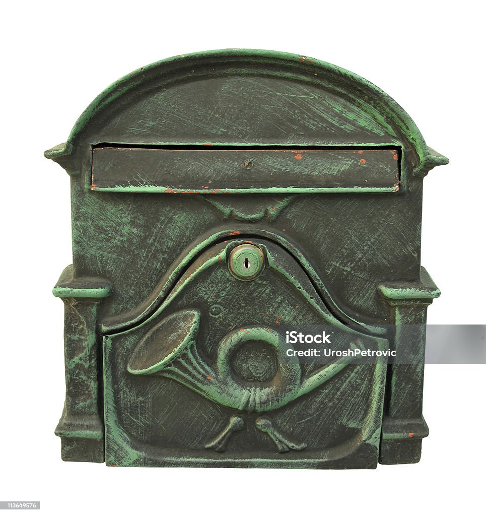 Post box green metal vintage with trumpet  Box - Container Stock Photo