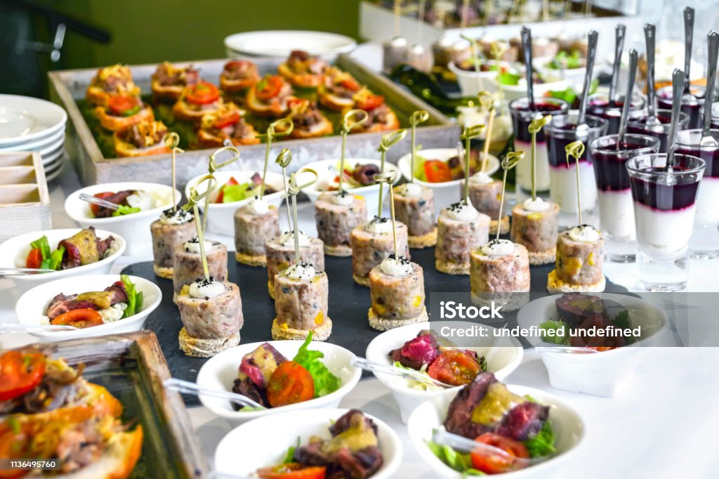 Catering Service Concept: Assorted Snacks Served at a Business Event, Hotel, Birthday or Wedding Celebration Food And Drink Industry Stock Photo