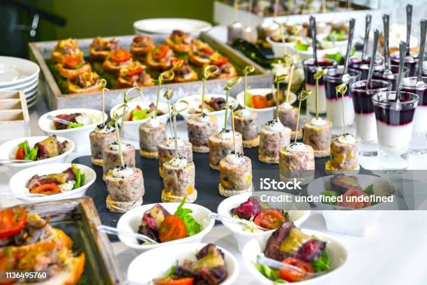 Catering Service Concept Assorted Snacks Served At A Business Event Hotel Birthday Or Wedding Celebration Stock Photo - Download Image Now