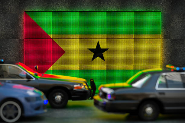Bright digital display Sao Tome and Principe flag in city as cars drive past