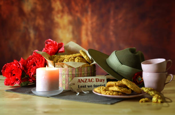 istock Traditional ANZAC biscuits with Australian Army Slouch Hat with copy space. 1136498739