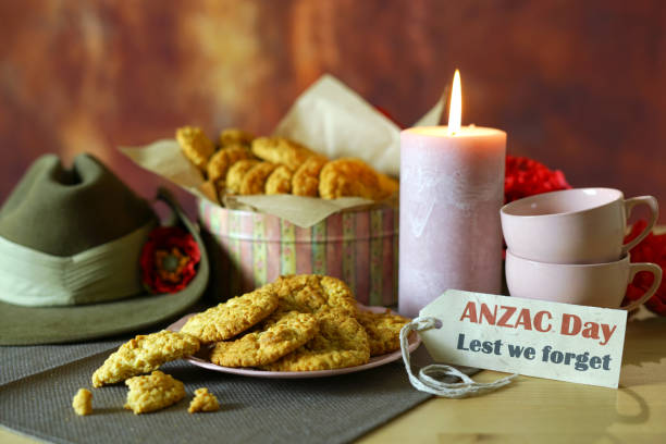 Traditional ANZAC biscuits in vintage setting with Australian Army Slouch Hat.