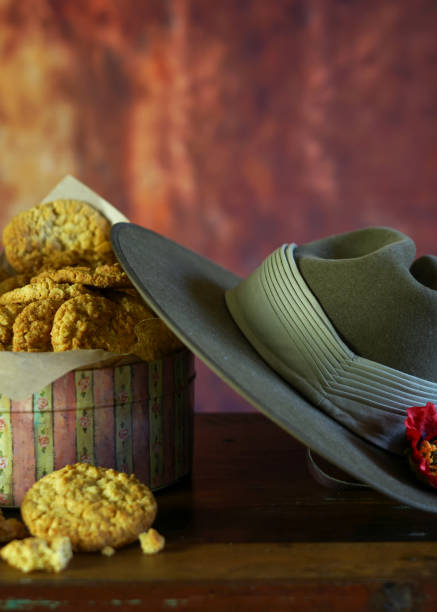 Traditional ANZAC biscuits with Australian Army Slouch Hat with copy space.