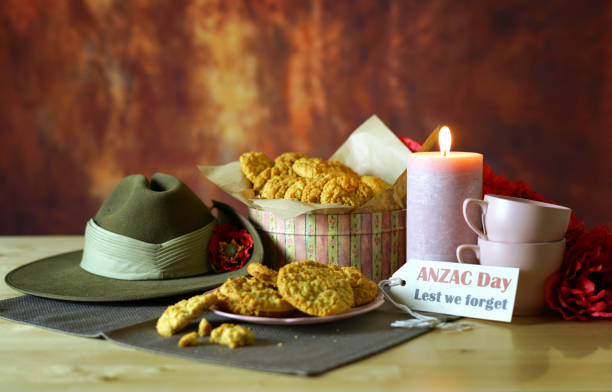 istock Traditional ANZAC biscuits with Australian Army Slouch Hat with copy space. 1136498968