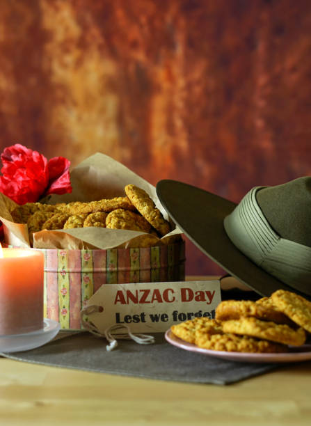 istock Traditional ANZAC biscuits with Australian Army Slouch Hat with copy space. 1136498993