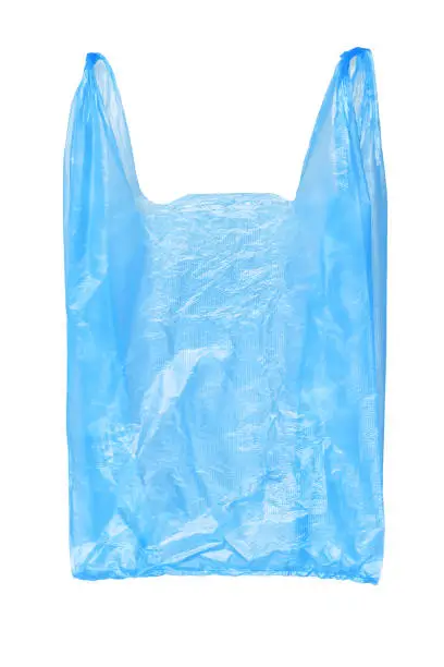 Blue plastic shopping or grocery bag isolated on white background