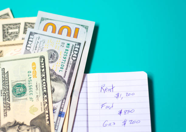 List of living expenses; $100 bills; turquoise table background with copy space.