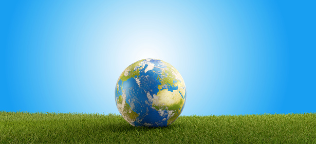 earth globe and green grass field 3d-illustration. elements of this image furnished by NASA