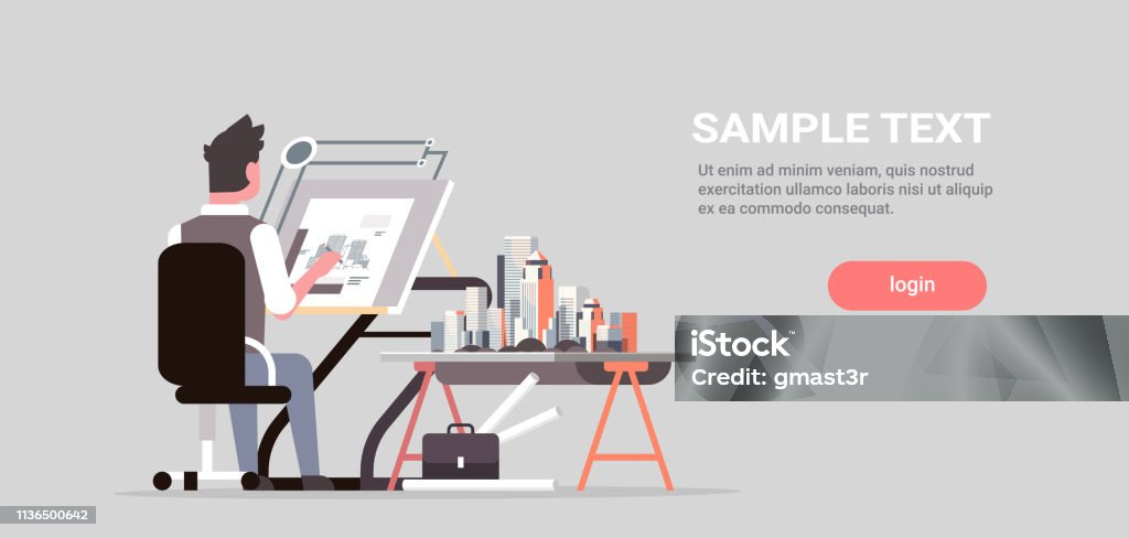 arquitecto dibujo plano edificio urbanístico en tablero ajustable panel Proyecto concepto Ingeniero sentado lugar de trabajo Oficina taller dibujante estudio horizontal de longitud completa copia espacio - arte vectorial de Arquitecto libre de derechos