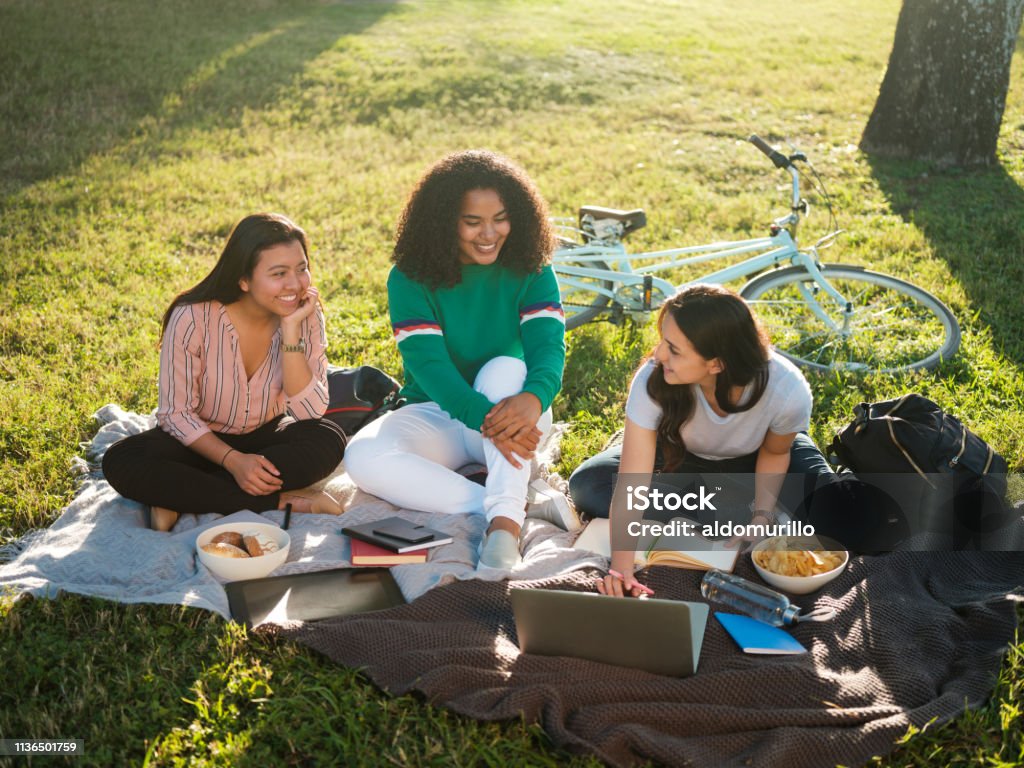 College girls studying together outdoors Three college girls studying together outside sitting on the ground with books and snacks. Picnic Stock Photo