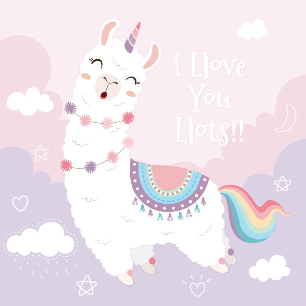 Cute llama unicorn and rainbow floating in the sky. Cute llama unicorn and rainbow floating in the sky. lama stock illustrations