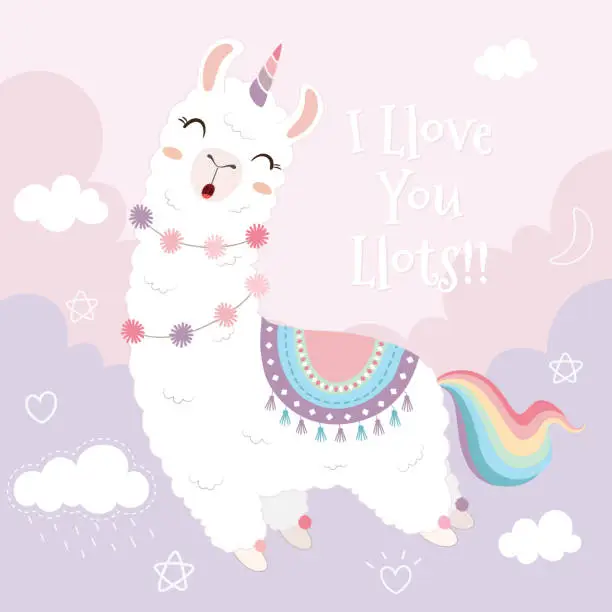 Vector illustration of Cute llama unicorn and rainbow floating in the sky.