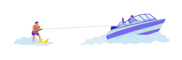 Vector illustration of Woman doing water-skiing flat vector illustration