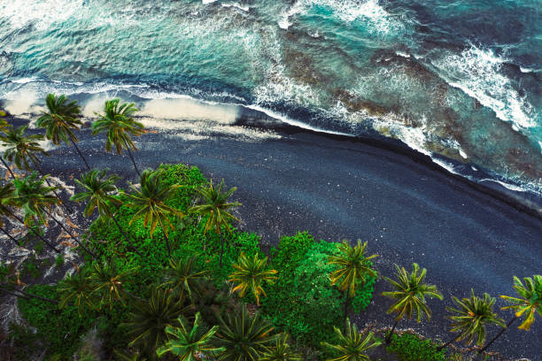 Aerial view of black beach of Kiholo Bay Big Island Hawaii Aerial view of black beach of Kiholo Bay Big Island Hawaii black sand stock pictures, royalty-free photos & images