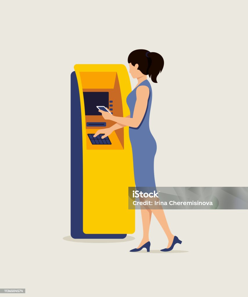 Woman using ATM and smartphone vector illustration Woman using ATM and smartphone vector illustration. Lady typing PIN at cash machine flat clipart. Cartoon character withdrawing money from debit card. Financial transaction isolated design element ATM stock vector