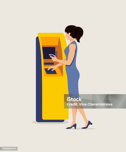 Woman Using Atm And Smartphone Vector Illustration Stock Illustration - Download Image Now - ATM, Currency, Removing