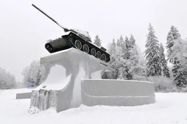 Monument to ikhail Ilyich Koshkin, the designer of the T-34 medium tank in Russia.