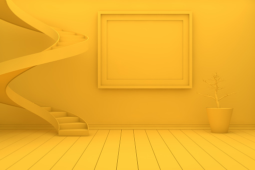 3d rendering of Mockup Frame in Living Room with stairs and bicycle, yellow color.