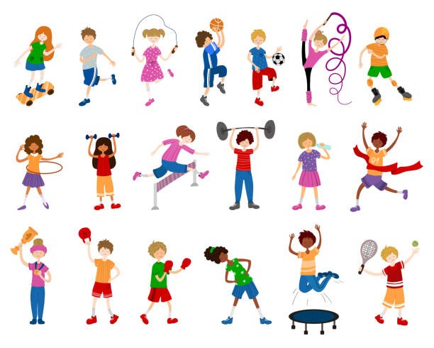 ilustraciones, imágenes clip art, dibujos animados e iconos de stock de vector kids sports - healthy lifestyle men boxing dumbbell