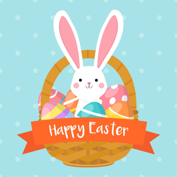 ilustrações, clipart, desenhos animados e ícones de ilustração feliz do vetor do cartão de easter. cesta de easter com coelho bonito e os ovos de easter coloridos. - ribbon holiday spring season