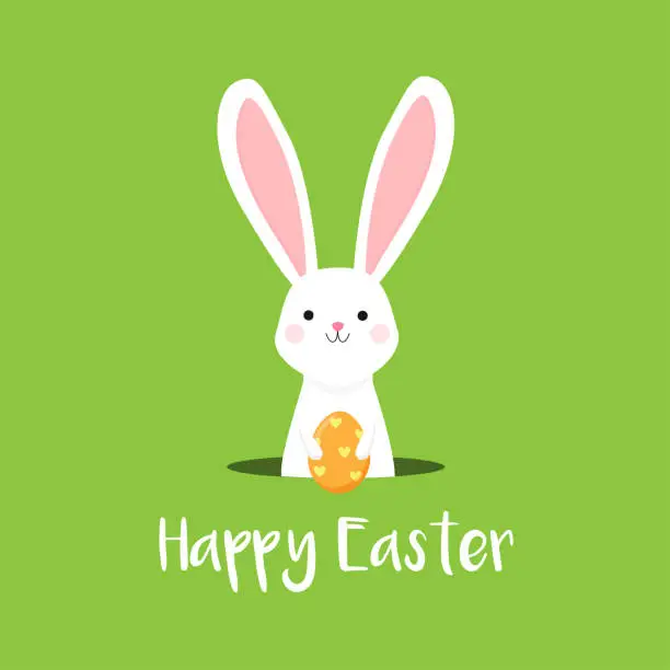 Vector illustration of Cute Easter Bunny Holding Orange egg on Green background. Happy Easter vector illustration