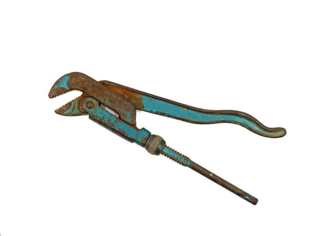 blue old rusty pipe wrench isolated on white background.
