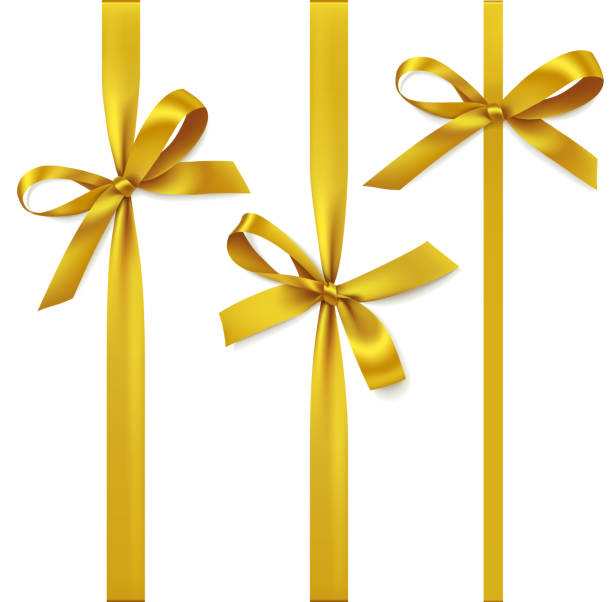 Set of decorative golden bows with vertical ribbon isolated on white. vector art illustration