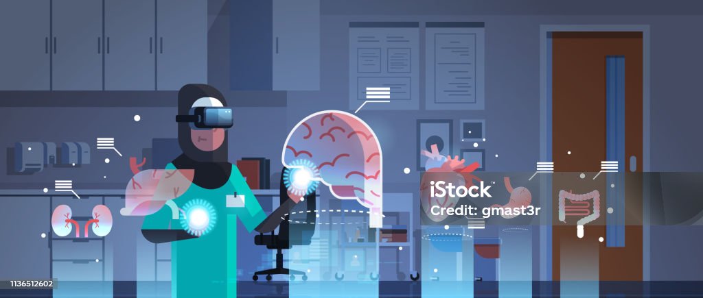female arab doctor wearing digital glasses touching virtual reality brain human organs infographic anatomy medical vr headset vision concept hospital office interior portrait horizontal female arab doctor wearing digital glasses touching virtual reality brain human organs infographic anatomy medical vr headset vision concept hospital office interior portrait horizontal vector illustration Forecasting stock vector