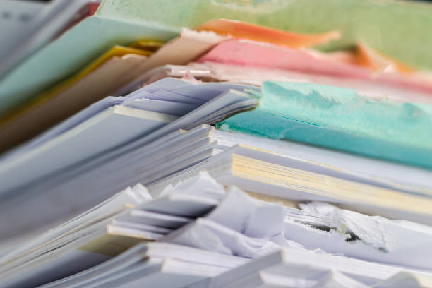 istock Piled heap high recycle documents folders, Stack business paper on desk messy or paperwork in office. Old Document achieves in print folder doc forms, use recycling for save 1136513286