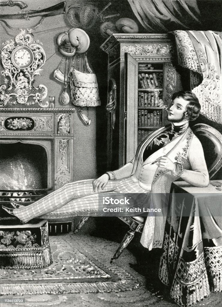 The Bachelor Vintage engraving features a portrayal of the carefree male bachelor lounging in his living room smoking a cigarette. Playboy stock illustration
