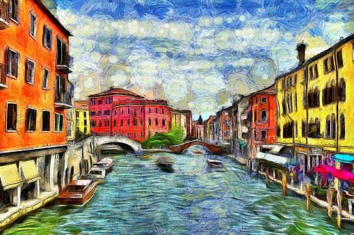 Picturesque view of Venetian canal with moving boats, digital imitation of Van Gogh painting style. Colorful old medieval houses over a canal in Venice, Italy.