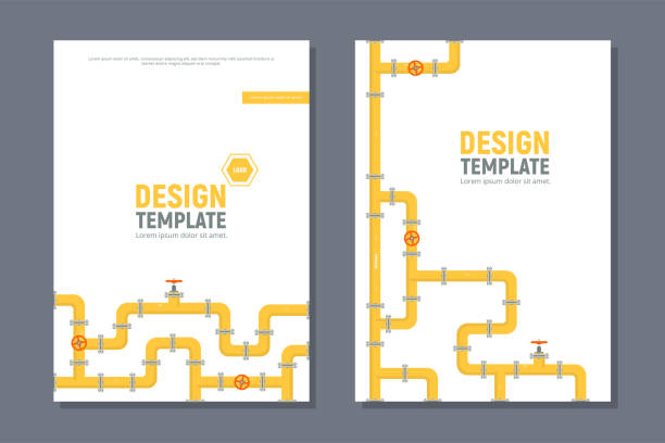 industrielle vorlagen decken das design in a4-größe ab. gelbe pipeline. öl-, wasser-oder gasleitung mit armaturen und ventilen. vektorillustration in einem flachen stil. - pipe valve water pipe air valve stock-grafiken, -clipart, -cartoons und -symbole