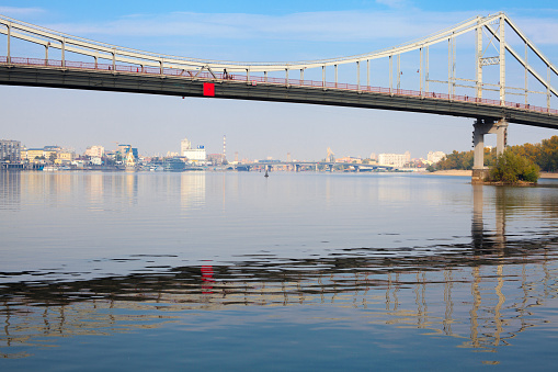 View on Pedestrian bridge across the Dnieper river, Kyiv, Ukraine