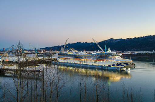 Sinop, Turkey, April 22, 2023; Aerial view of Astoria Grande Cruise ship in Sinop City, in black sea part of Turkey. Astoria Grande Cruise ship visiting black sea coastline cities.