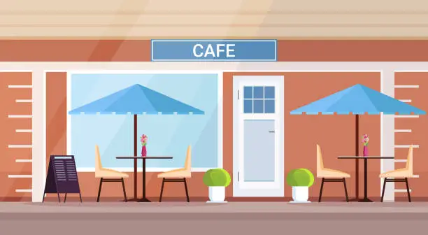 Vector illustration of modern summer cafe shop exterior empty no people street restaurant terrace outdoor cafeteria flat horizontal