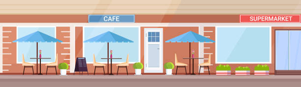 modernes sommer-café shop außen leer keine leute straßenrestaurant terrasse außencafeteria im supermarkt gebäude flachen horizontalen banner - urban scene small city banner stock-grafiken, -clipart, -cartoons und -symbole