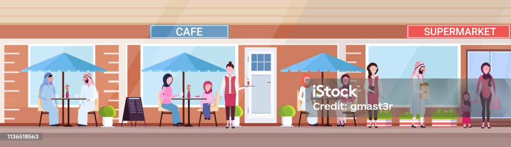 arabic people visitors sitting summer cafe shop arab customers holding purchases in front of supermarket exterior urban street concept horizontal banner full length arabic people visitors sitting summer cafe shop arab customers holding purchases in front of supermarket exterior urban street concept horizontal banner full length vector illustration Sitting stock vector