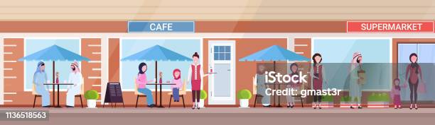 Arabic People Visitors Sitting Summer Cafe Shop Arab Customers Holding Purchases In Front Of Supermarket Exterior Urban Street Concept Horizontal Banner Full Length Stock Illustration - Download Image Now