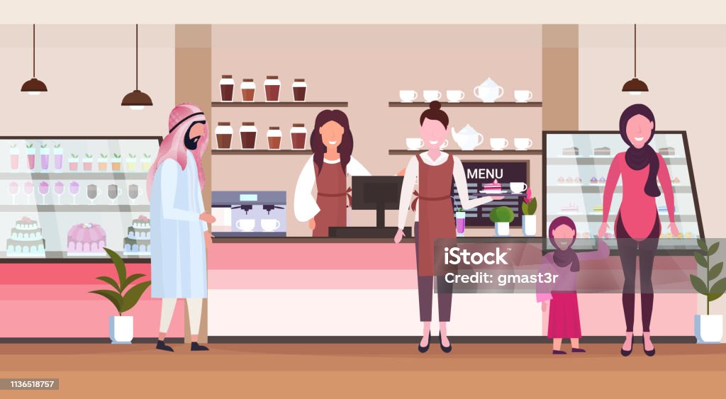 female barista coffee shop worker serving arab people clients giving glass of hot drink waitress standing at cafe counter modern cafeteria interior flat full length horizontal female barista coffee shop worker serving arab people clients giving glass of hot drink waitress standing at cafe counter modern cafeteria interior flat full length horizontal vector illustration Adult stock vector