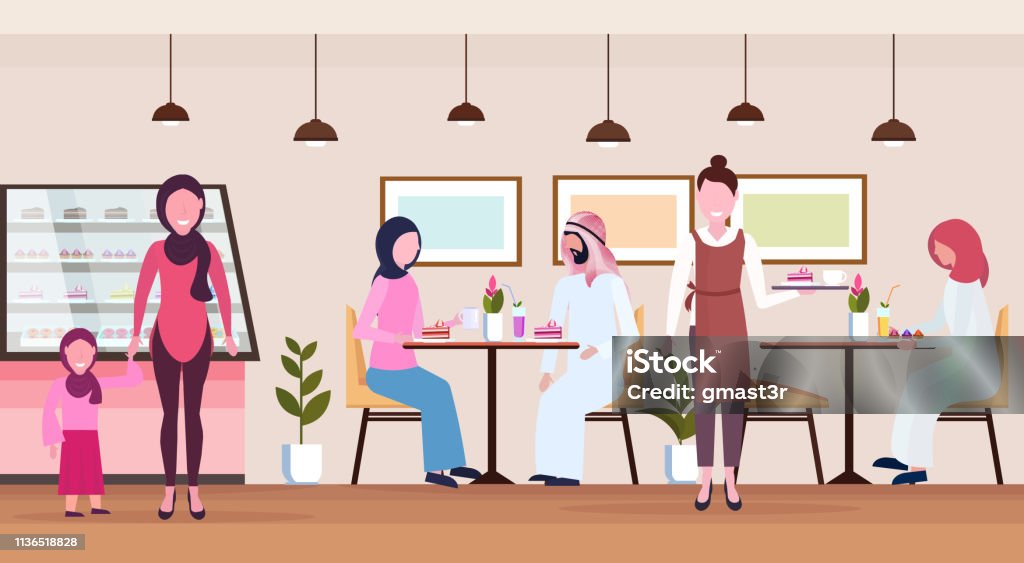 arabic people visitors sitting modern cafe shop waitress serving arab guests wearing traditional clothes bakery cafeteria interior cartoon characters full length flat horizontal arabic people visitors sitting modern cafe shop waitress serving arab guests wearing traditional clothes bakery cafeteria interior cartoon characters full length flat horizontal vector illustration Armchair stock vector