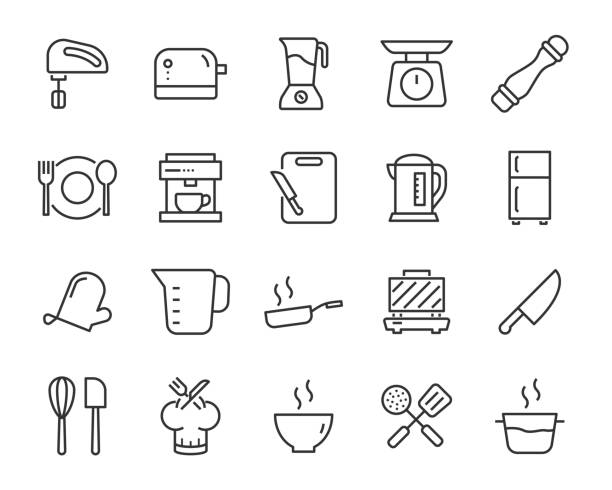 illustrazioni stock, clip art, cartoni animati e icone di tendenza di set di icone degli strumenti da cucina, come coltello, piatto, forno, padella, forchetta, ciotola, mixer - blender